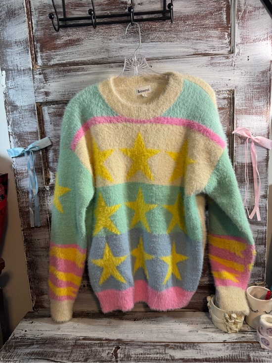 &Merci Sweaters - &merci Pastel Star Mohair-Blend Crewneck Sweater in Mint, Pink & Yellow